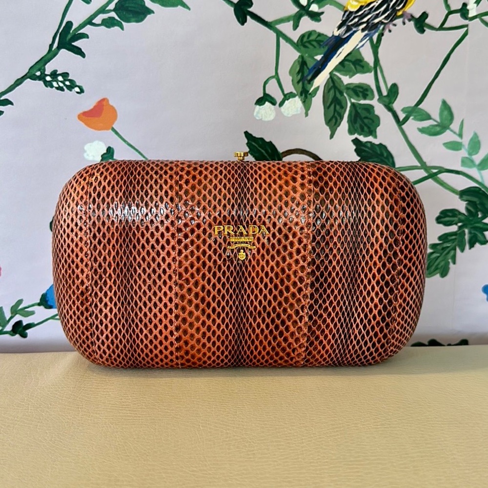 Prada Ayers SnakeSkin Coral Pink Brown Box Clutch